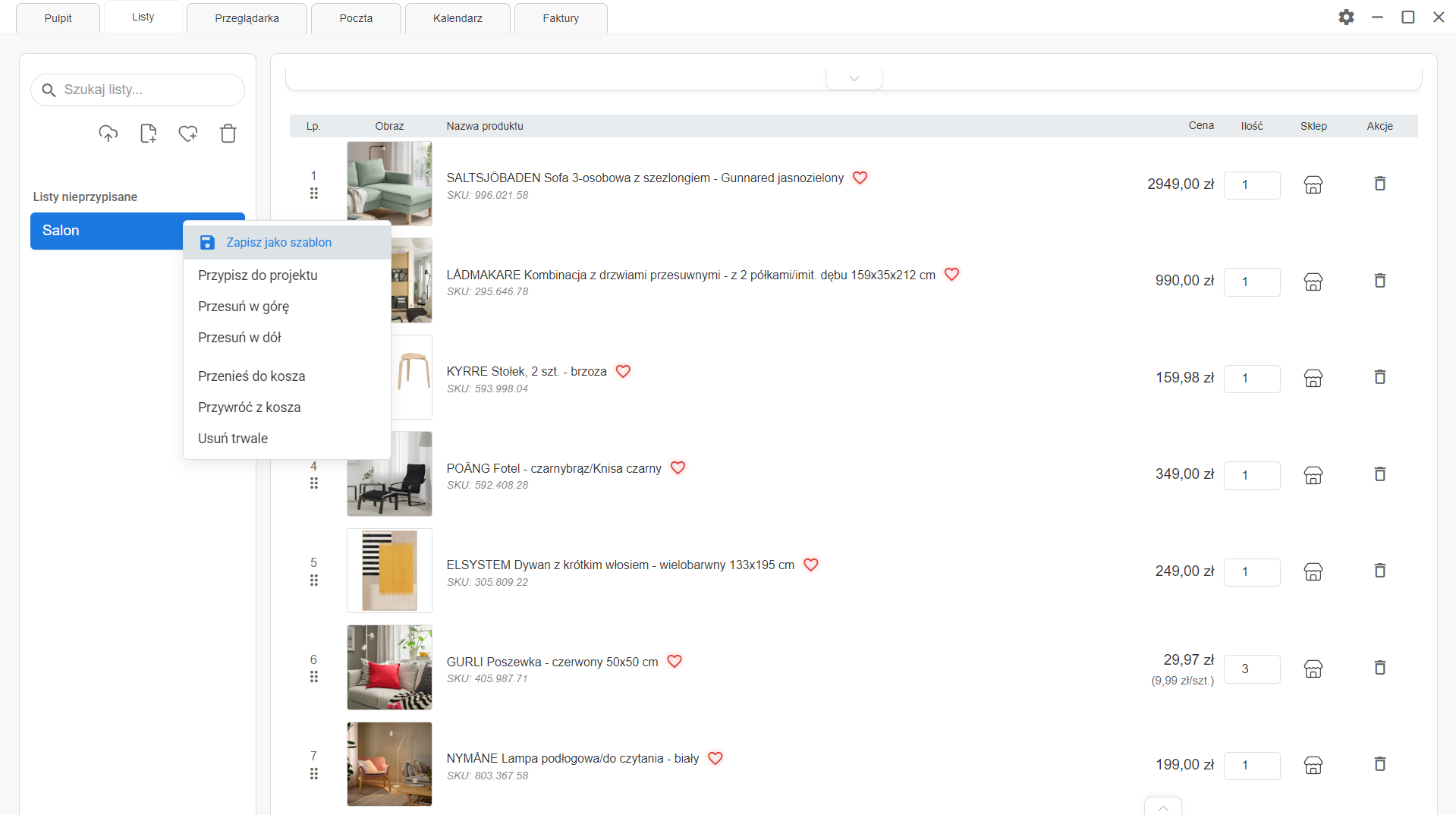 Specly - Interfejs zarządzania listami zakupowymi i kosztorysami w projekcie wnętrza